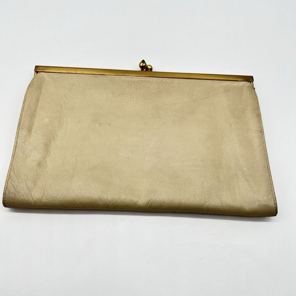 Melton Mel-Ton Beige or Tan Leather & Gold Trim/Kiss Lock VTG Classic Clutch Bag
